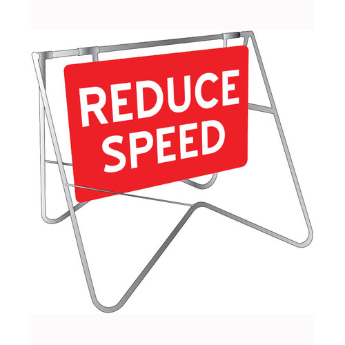 WORKWEAR, SAFETY & CORPORATE CLOTHING SPECIALISTS - 900x600mm - Swing Stand and Sign - Reduce Speed