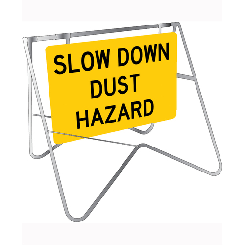 WORKWEAR, SAFETY & CORPORATE CLOTHING SPECIALISTS - 900x600mm - Class 1 - Swing Stand and Sign - Slow Down Dust Hazard