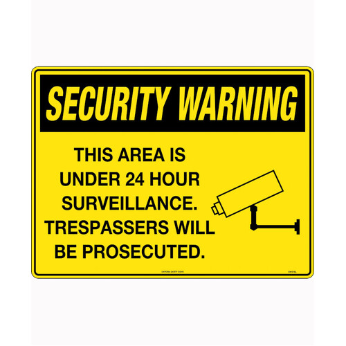 WORKWEAR, SAFETY & CORPORATE CLOTHING SPECIALISTS - 450x300mm - Poly - Security Warning This Area is under 24 Hour Surveillance.  Trespassers will be Pr