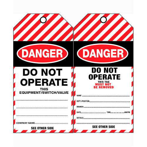 WORKWEAR, SAFETY & CORPORATE CLOTHING SPECIALISTS 75x160mm - Cardboard Tags - Pkt of 25 - Danger Do Not Operate This Equipment/Switch/Valve