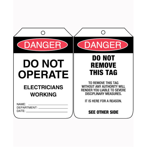 WORKWEAR, SAFETY & CORPORATE CLOTHING SPECIALISTS - 90x140mm - Cardboard Tags - Pkt of 100 - Danger Do Not Operate Electricians Working