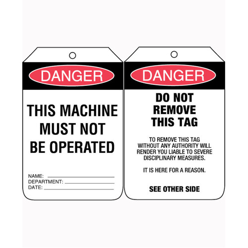 WORKWEAR, SAFETY & CORPORATE CLOTHING SPECIALISTS - 90x140mm - Cardboard Tags - Pkt of 100 - Danger This Machine Must Not Be Operated