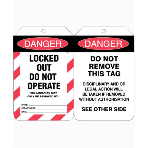 WORKWEAR, SAFETY & CORPORATE CLOTHING SPECIALISTS 90x140mm - Cardboard Tags - Pkt of 100 - Danger Locked Out Do Not Operate (With Red Striped Border)