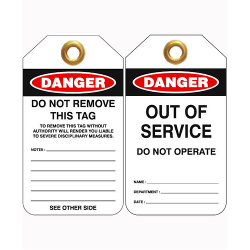 WORKWEAR, SAFETY & CORPORATE CLOTHING SPECIALISTS - 80x140mm -  Heavy Duty PVC Tags - Pkt of 25 - Danger Out Of Service Do Not Operate